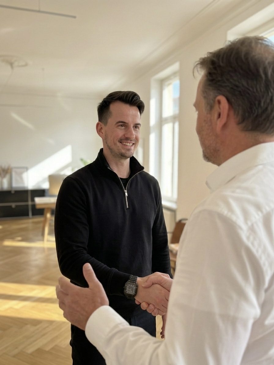 Amadeus Jesinghaus im Beratungsgespräch — Handschlag mit Mandant